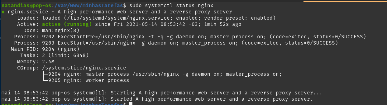 Nginx funcionando no terminal